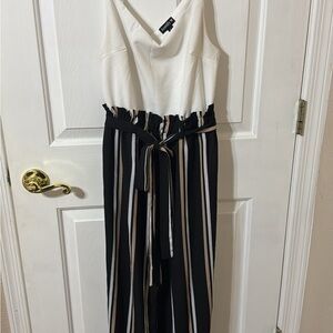 Sleeveless White & Black Striped Jumpsuit with Tie Waist